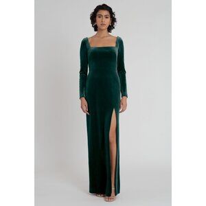 NWT Jenny Yoo Bridesmaid Stretch Velvet Long Sleeve Emerald Size 14